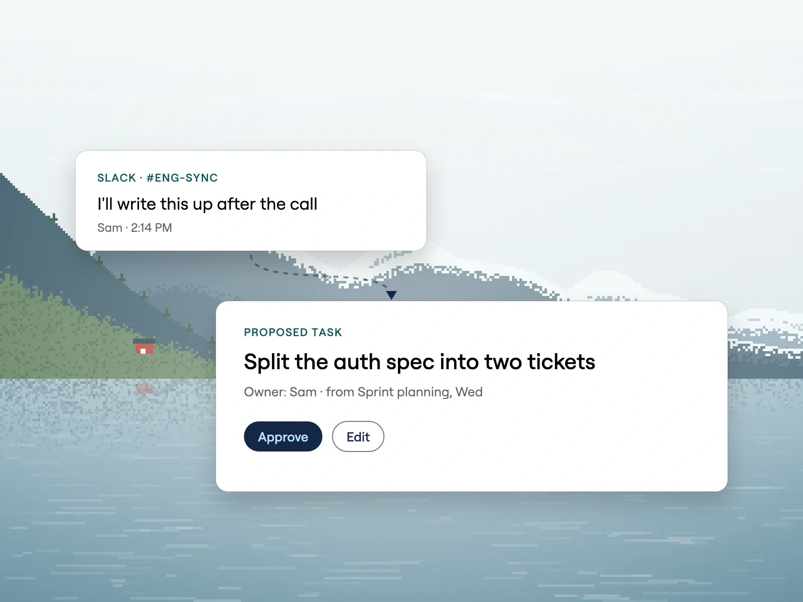 A Slack message reading "I'll write this up after the call" above a proposed Thor task, "Split the auth spec into two tickets", with an owner, the meeting it came from, and Approve and Edit buttons, over a pixel-art fjord